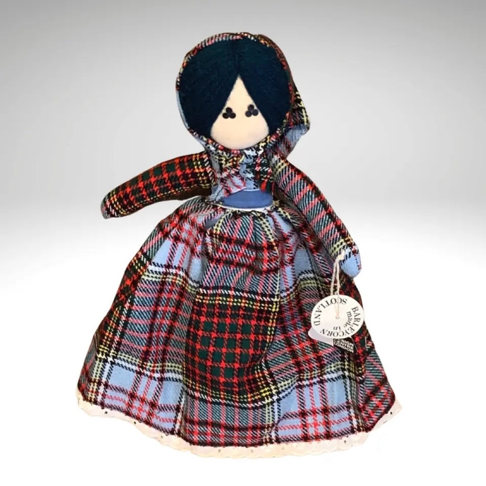 VTG Barleycorn Rag Doll Shelf Sitter Plaid Dress Headscarf Tweed Wool Scotland